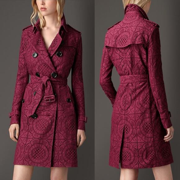 Burberry Button Up Belted English Lace Trench Coat Red Maroon Jacket Size 2 - Picture 1 of 13